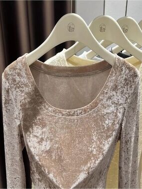 Velvet Scoop Neck Long Sleeve Top - Blush Taupe